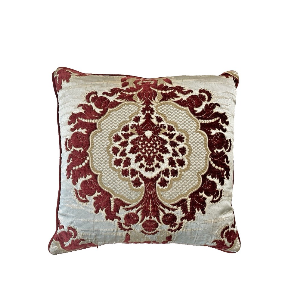 Luxury Baroque Venetian Style Damask Cut Velvet Throw Pillow 21" Burgundy Beige